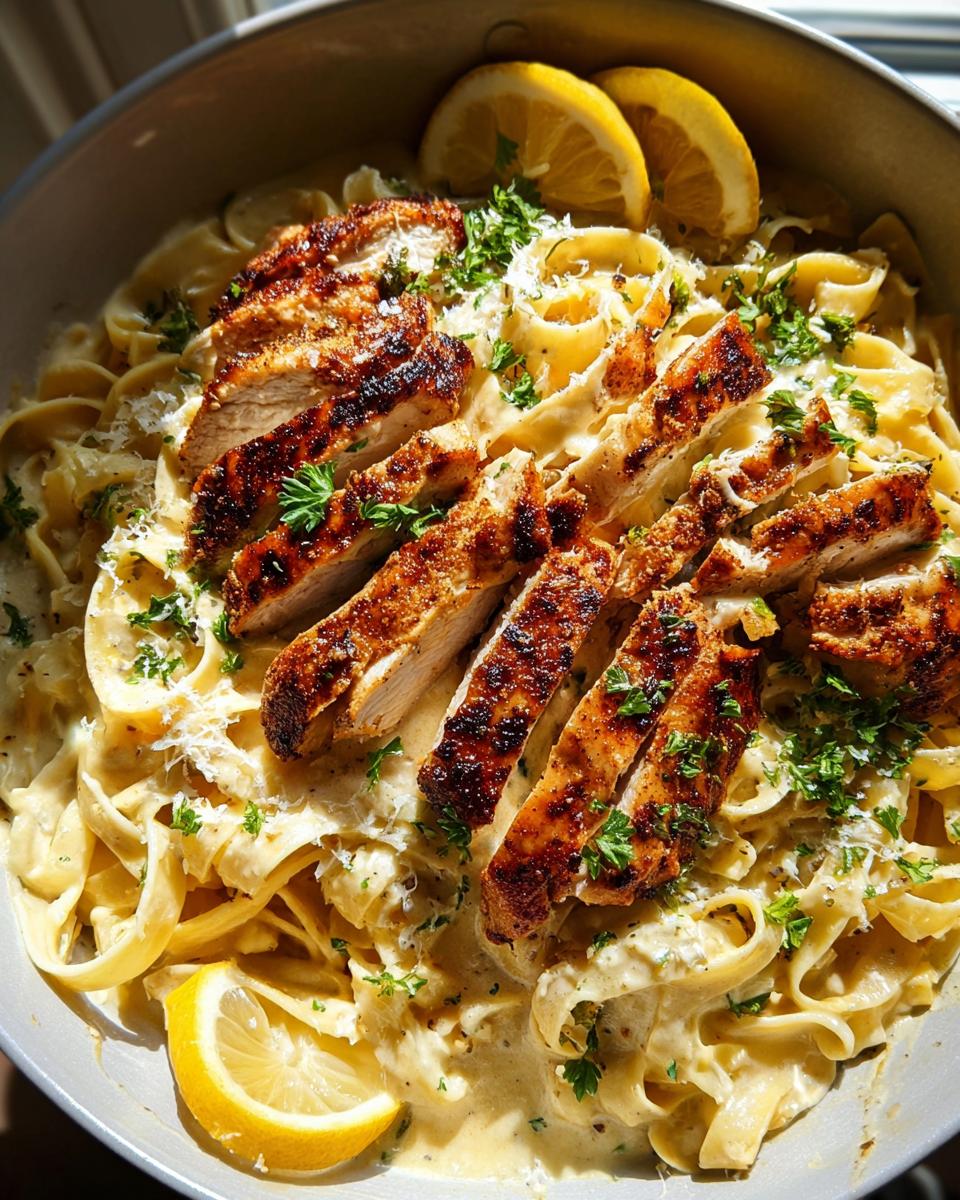 Amazing Creamy Lemon Chicken Pasta Recipe 5 A close-up of a bowl of Creamy Lemon Chicken Pasta Recipe, topped with sliced grilled chicken, lemon wedges, and fresh parsley.