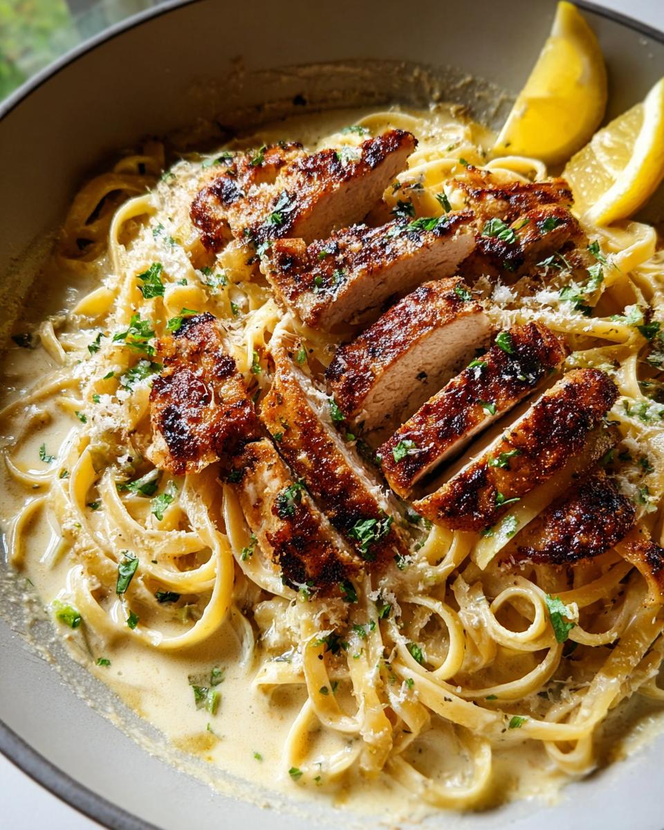 Amazing Creamy Lemon Chicken Pasta Recipe 4 Close-up of a bowl of Creamy Lemon Chicken Pasta Recipe, topped with sliced grilled chicken and lemon wedges.