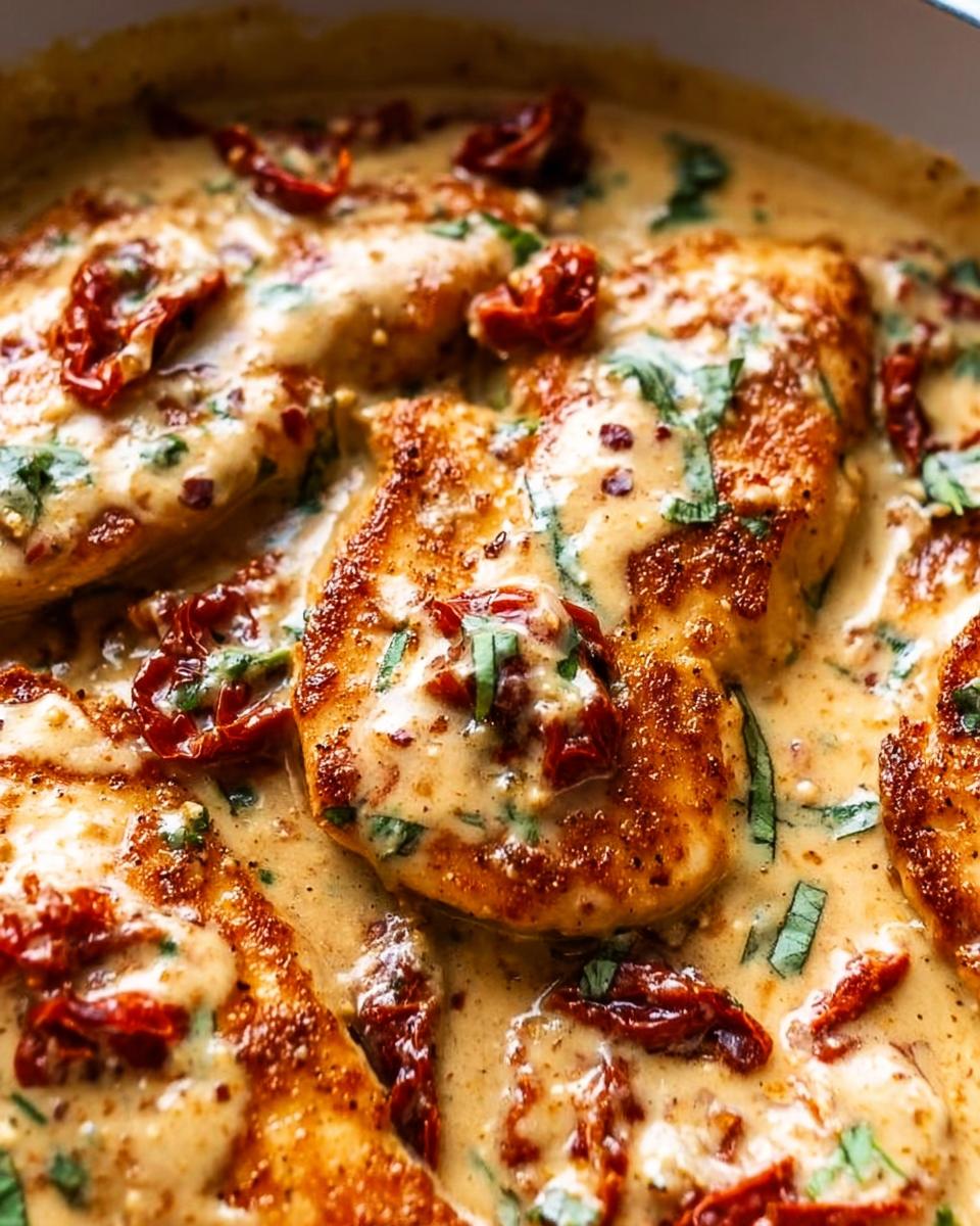 25-Min Creamy Marry Me Chicken Skillet 4 Close-up of pan-seared chicken breasts in a rich, creamy sauce with sun-dried tomatoes and fresh basil, part of a Creamy Marry Me Chicken Skillet.