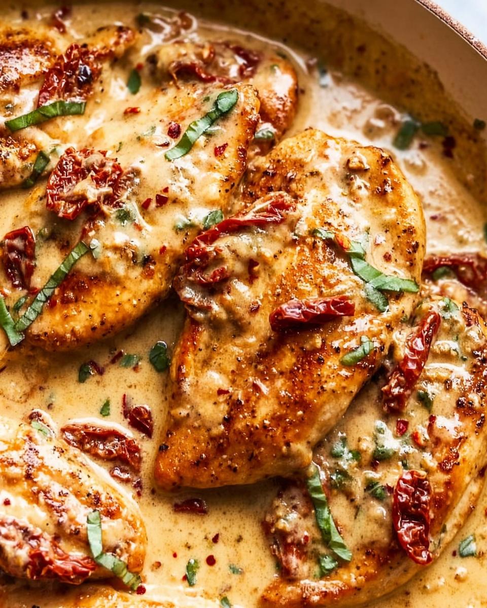 25-Min Creamy Marry Me Chicken Skillet 5 Close-up of pan-seared chicken breasts in a rich, creamy sauce with sun-dried tomatoes and fresh basil in a skillet.