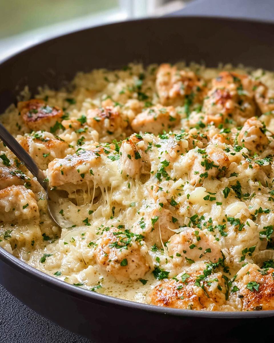 Amazing Creamy Parmesan Chicken Rice Dinner 4 Close-up of a one-pot dinner with Creamy Parmesan Chicken and Rice, garnished with parsley.