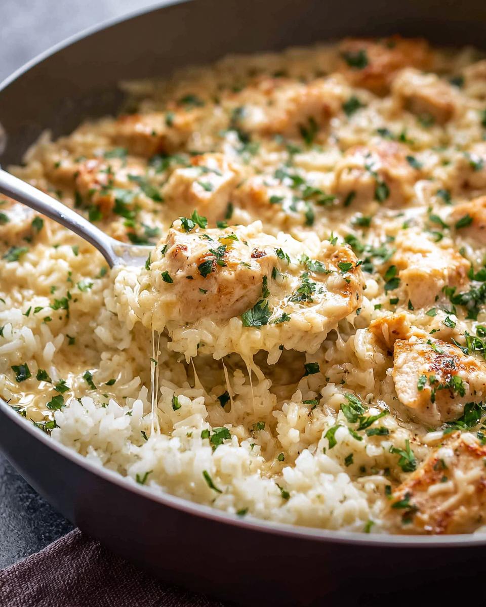 Amazing Creamy Parmesan Chicken Rice Dinner 5 Close-up of a spoonful of Creamy Parmesan Chicken and Rice One Pot Dinner, showing tender chicken and cheesy rice.
