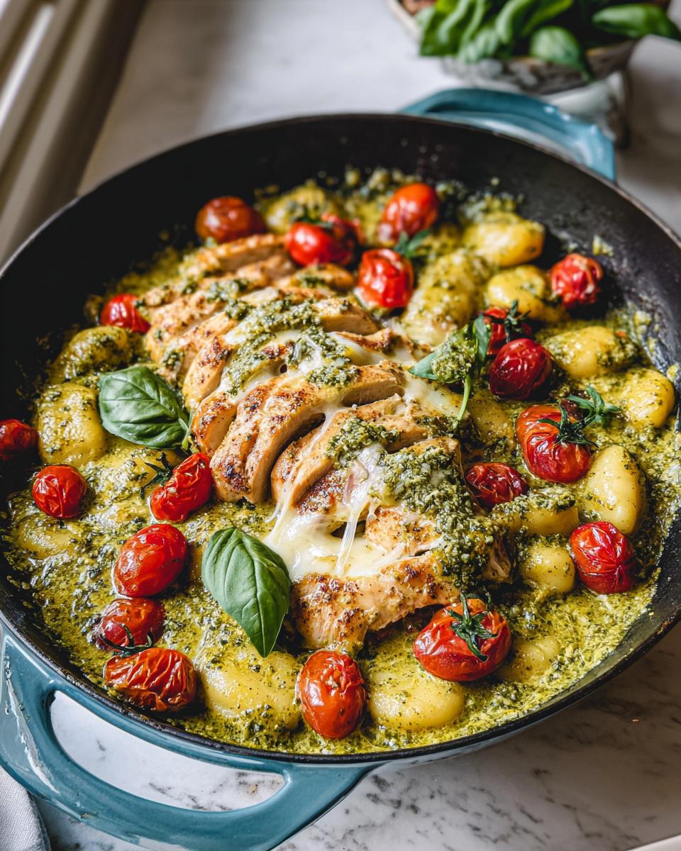 Amazing Creamy Pesto Chicken Gnocchi Skillet 4 A close-up of a Creamy Pesto Chicken Gnocchi Skillet with sliced chicken, gnocchi, cherry tomatoes, and basil.
