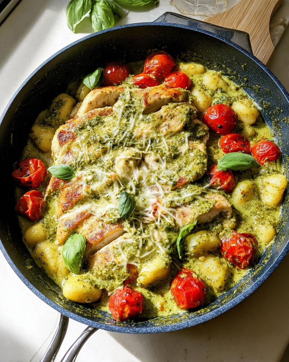 Amazing Creamy Pesto Chicken Gnocchi Skillet 5 Close-up of Creamy Pesto Chicken Gnocchi Skillet with cherry tomatoes and basil.