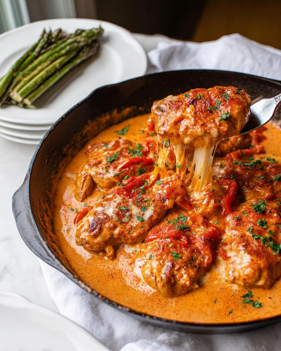 Quick Creamy Roasted Red Pepper Chicken Skillet 4 A fork lifting a piece of chicken from a skillet of Creamy Roasted Red Pepper Chicken, showing melted cheese.