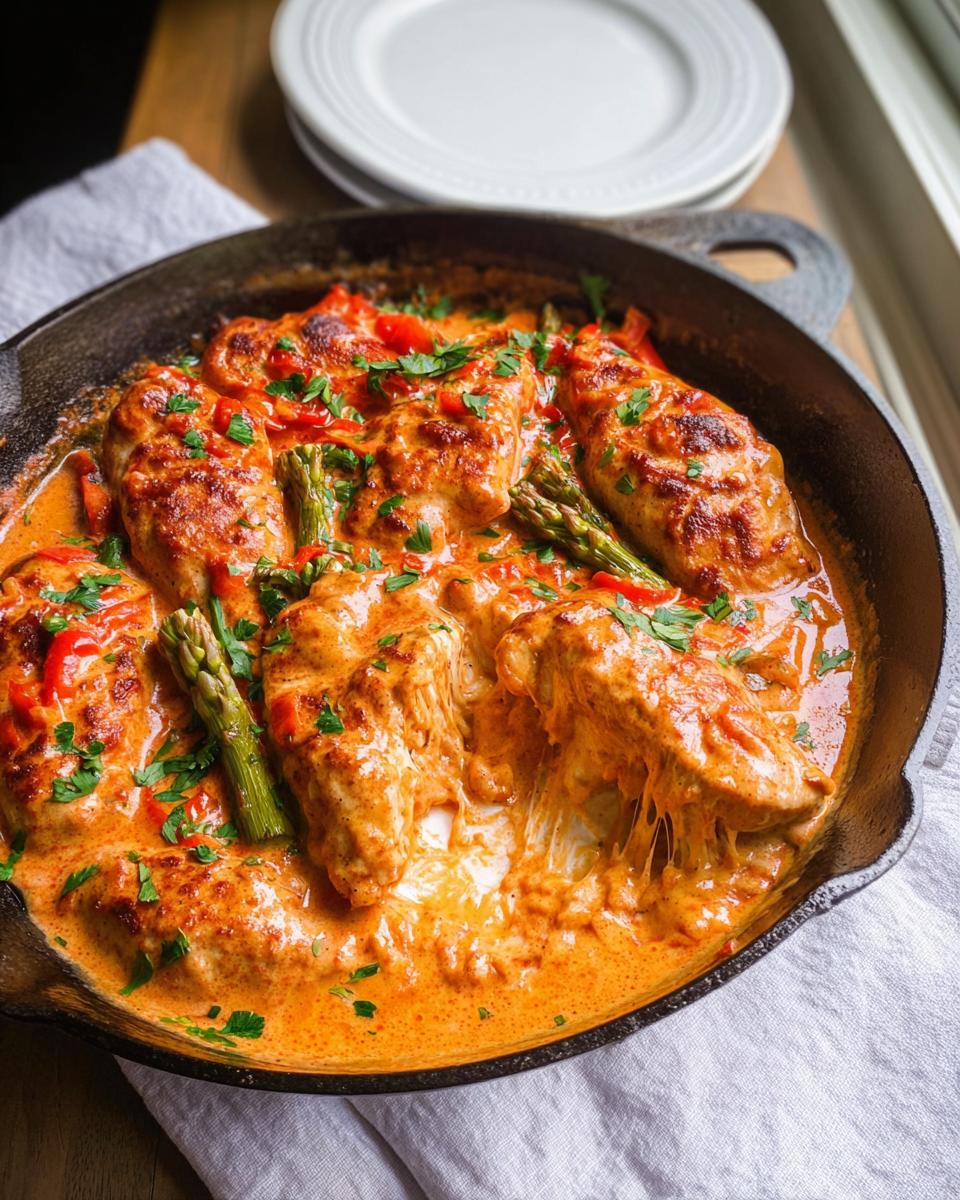 Quick Creamy Roasted Red Pepper Chicken Skillet 5 Close-up of Creamy Roasted Red Pepper Chicken Skillet in a cast iron pan, with melted cheese and fresh parsley.