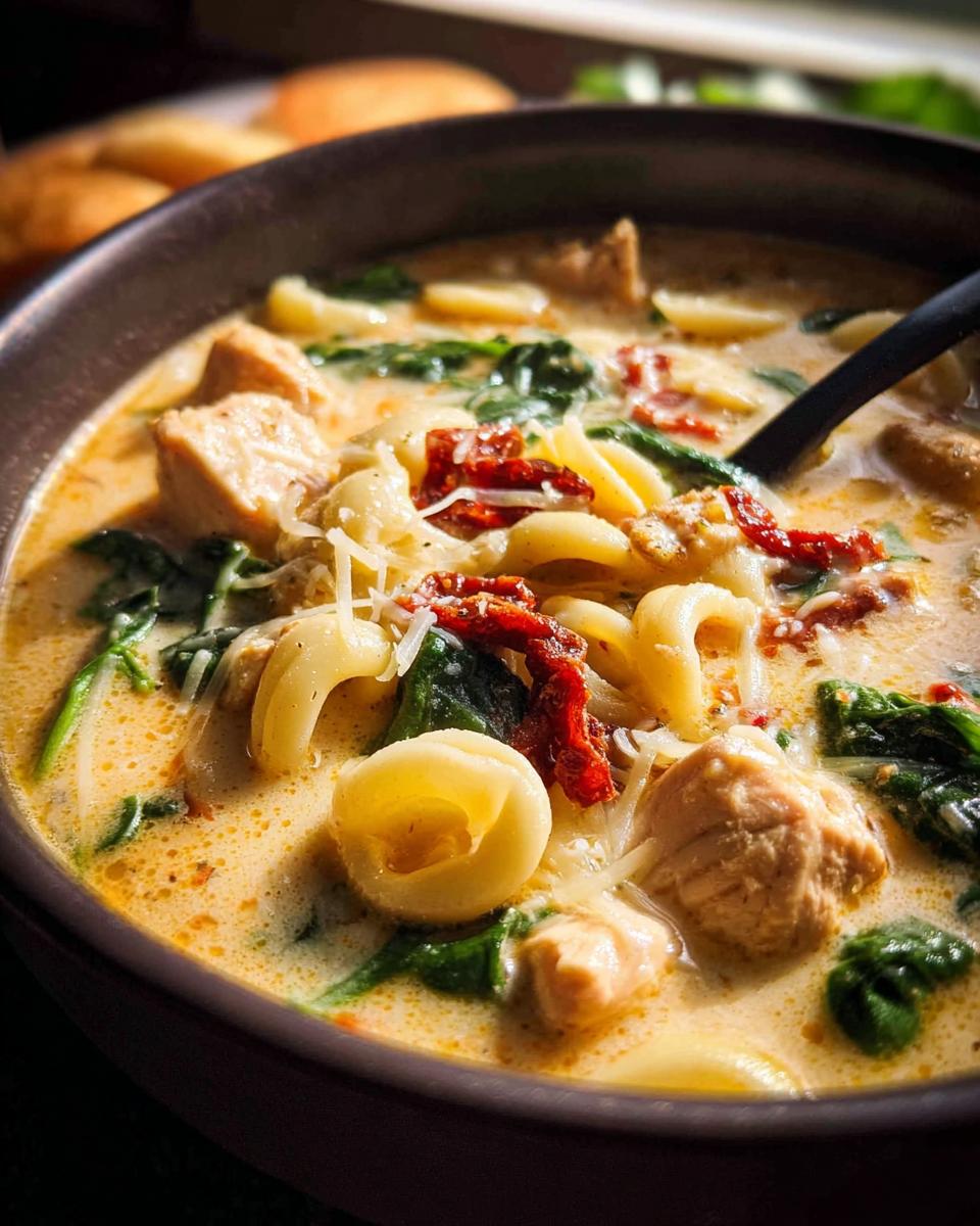 Amazing Creamy Tuscan Chicken Soup with Spinach 4 A close-up of a bowl of Creamy Tuscan Chicken Soup with Spinach, featuring tender chicken, pasta, sun-dried tomatoes, and spinach.