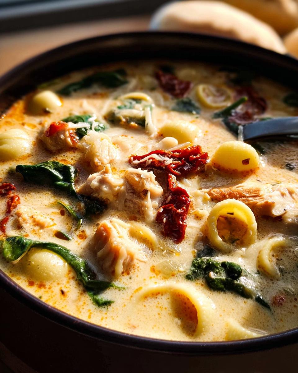 Amazing Creamy Tuscan Chicken Soup with Spinach 5 A close-up of a bowl of Creamy Tuscan Chicken Soup with Spinach, featuring chicken, sun-dried tomatoes, spinach, and pasta.