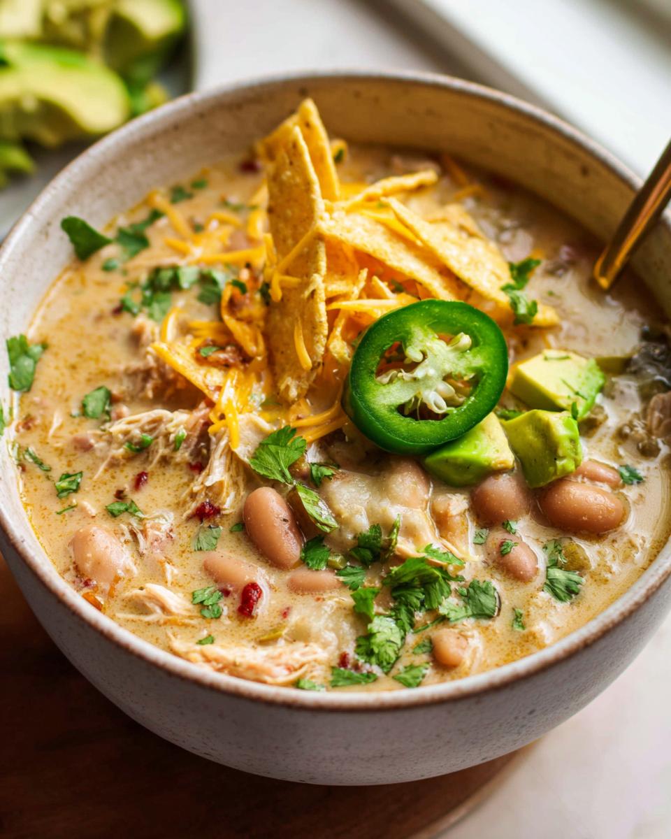 Dreamy Creamy White Chicken Chili Recipe 4 A close-up of a bowl filled with creamy white chicken chili, topped with shredded cheese, tortilla strips, jalapeño, and avocado.