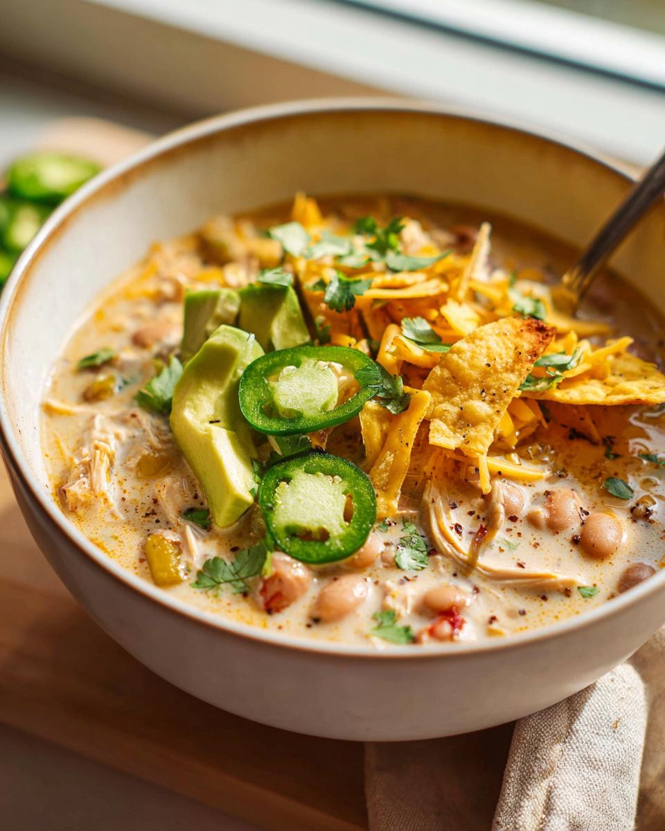 Dreamy Creamy White Chicken Chili Recipe 5 A close-up of a bowl of Creamy White Chicken Chili, topped with avocado, jalapeños, shredded cheese, and tortilla chips.