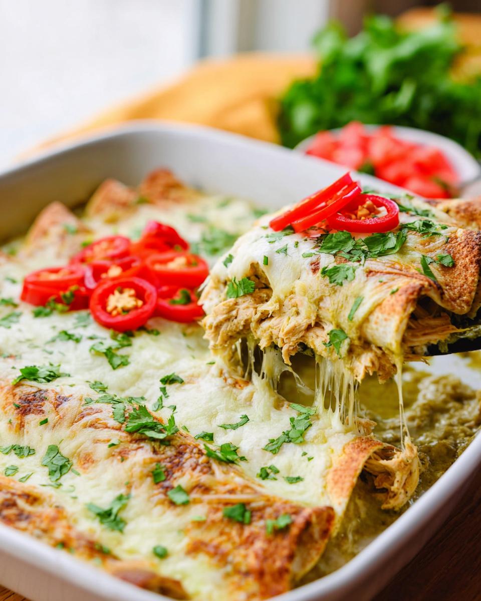 Amazing Creamy White Chicken Enchiladas 4 A serving spoon lifts a cheesy Creamy White Chicken Enchilada, showing shredded chicken and melted cheese.
