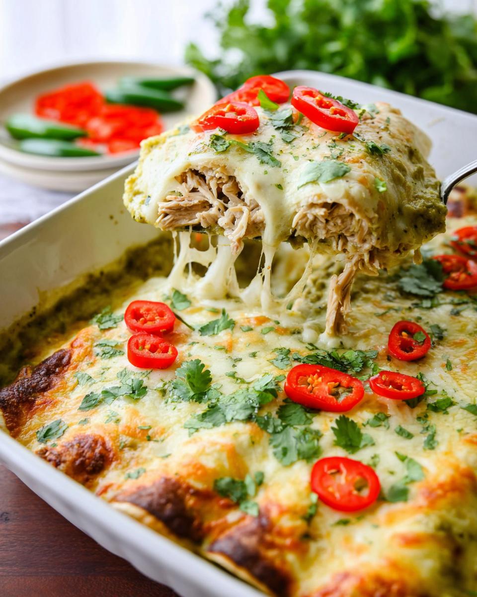 Amazing Creamy White Chicken Enchiladas 5 A serving spoon lifts a portion of Creamy White Chicken Enchiladas, revealing shredded chicken and gooey melted cheese.