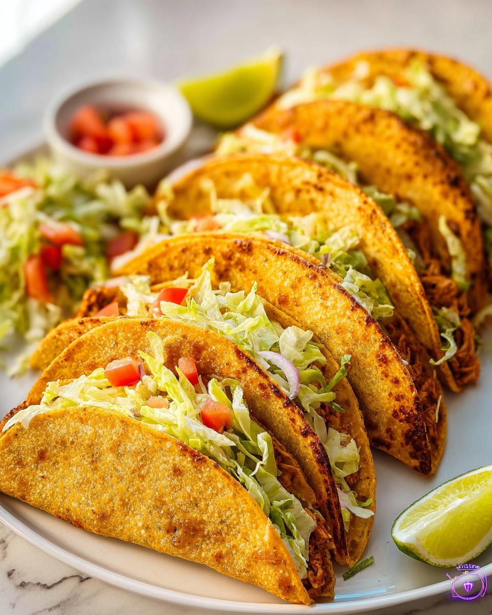 Amazing Crispy Air Fryer Chicken Tacos 4 A plate of crispy air fryer chicken tacos filled with shredded chicken, lettuce, tomatoes, and red onion, served with lime wedges.