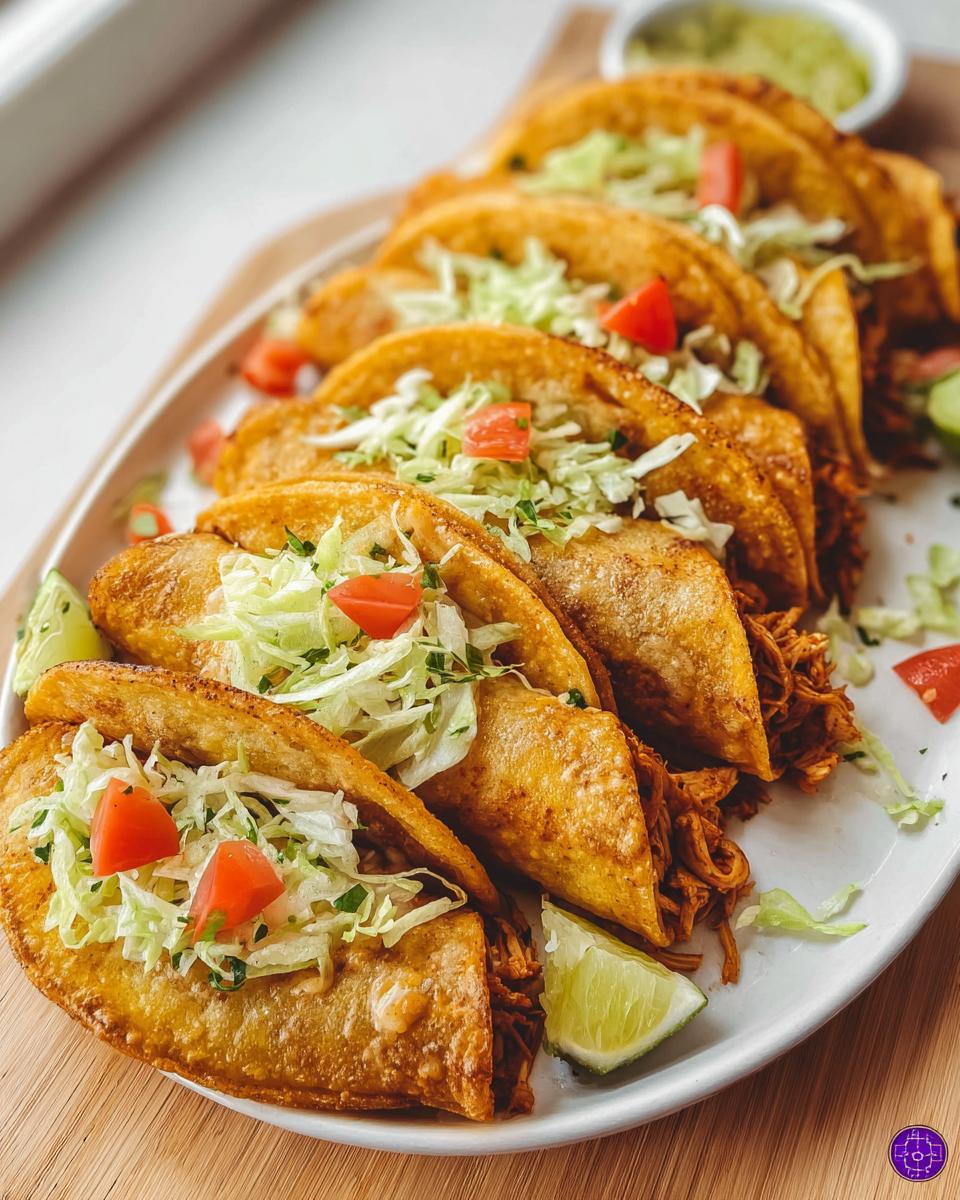 Amazing Crispy Air Fryer Chicken Tacos 5 A platter of Crispy Air Fryer Chicken Tacos filled with shredded chicken, lettuce, tomatoes, and lime wedges.