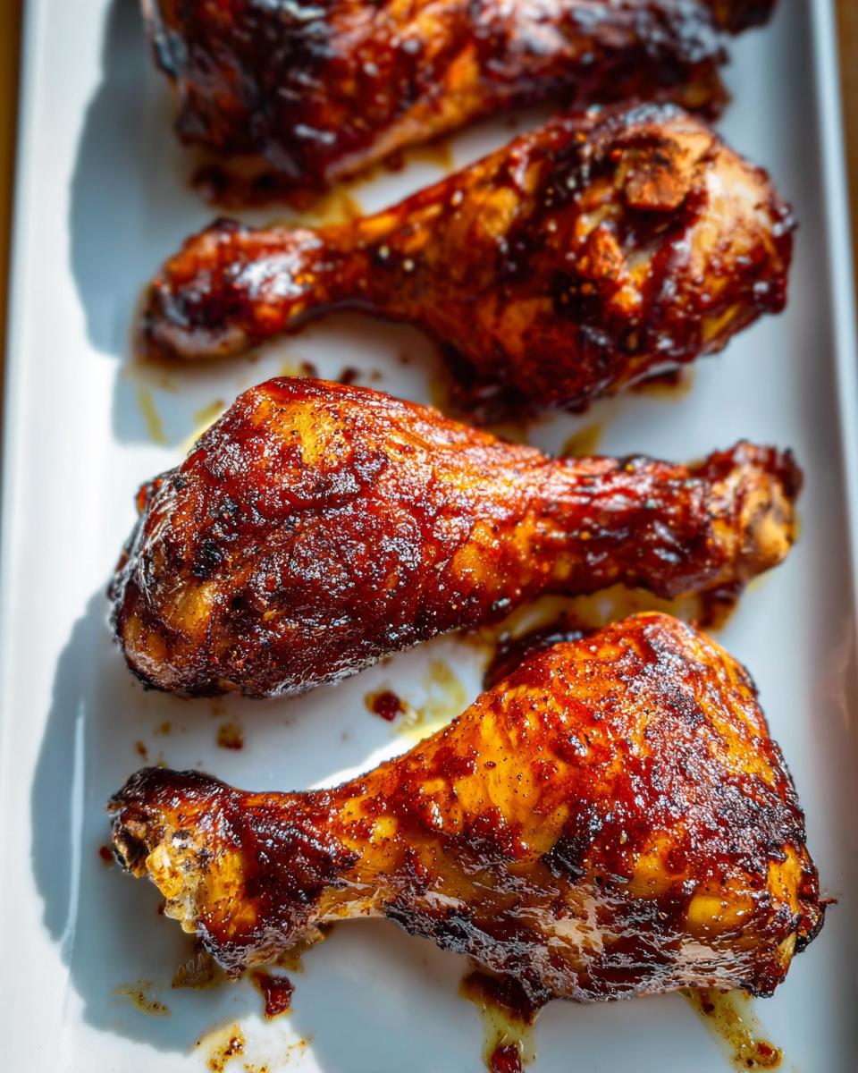 Amazing Crispy Baked BBQ Chicken Drumsticks 4 Close-up of four Crispy Baked BBQ Chicken Drumsticks glazed with BBQ sauce on a white platter.