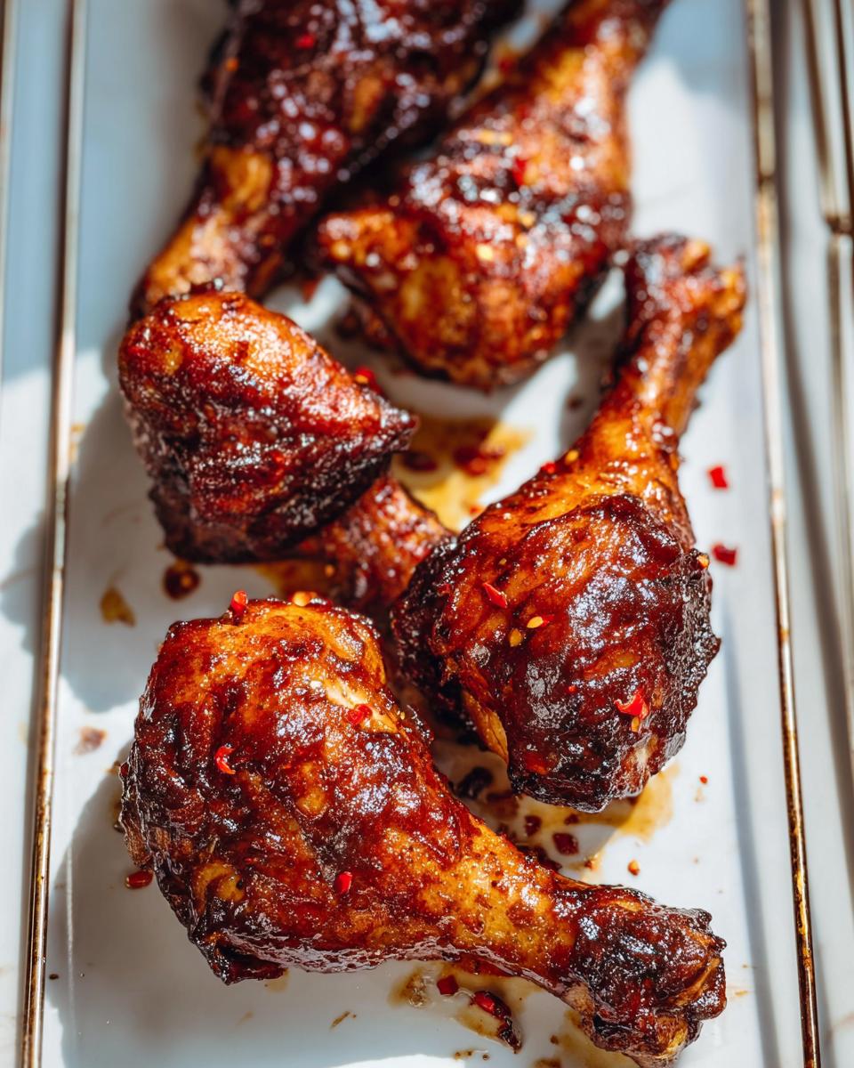 Amazing Crispy Baked BBQ Chicken Drumsticks 5 Close-up of several Crispy Baked BBQ Chicken Drumsticks coated in a glossy BBQ sauce and sprinkled with red pepper flakes.