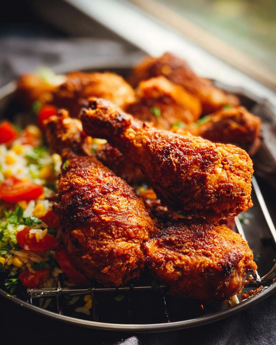 Amazing Crispy Baked Chicken Drumsticks Easy Recipe 5 Close-up of golden brown, crispy baked chicken drumsticks served with a side of rice salad with corn and tomatoes.