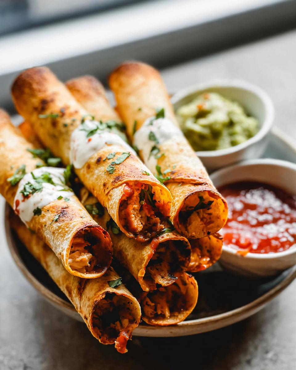 Amazing Crispy Baked Chicken Taquitos 5 A pile of golden brown Crispy Baked Chicken Taquitos topped with sour cream and cilantro, served with salsa and guacamole.