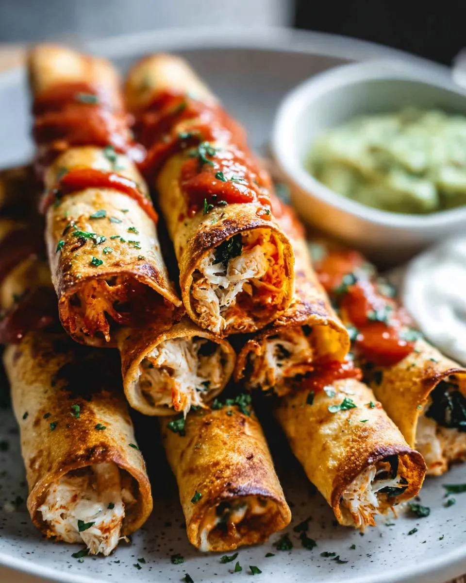 Amazing Crispy Baked Chicken Taquitos 4 A close-up of a stack of crispy baked chicken taquitos drizzled with salsa and sprinkled with parsley.