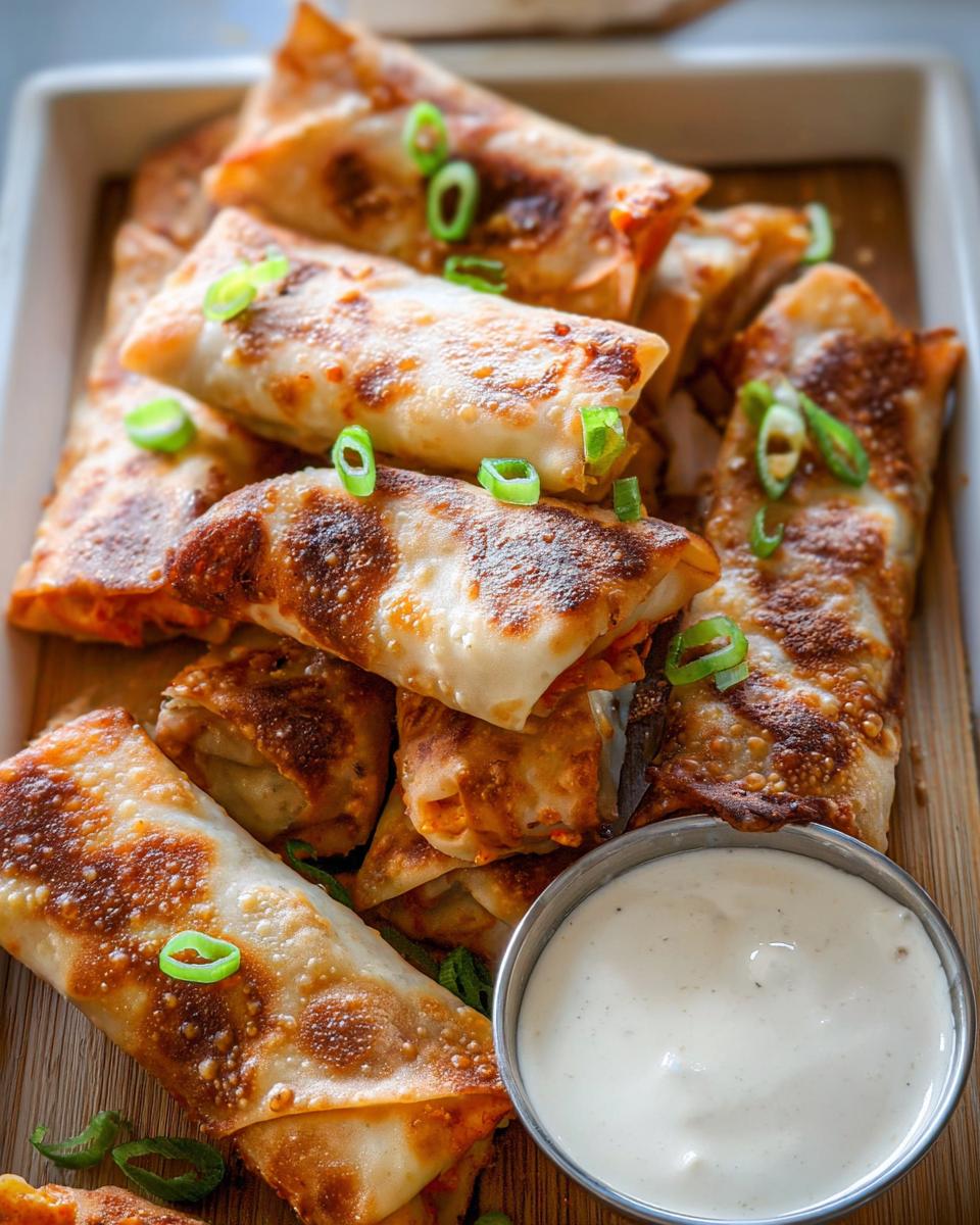 Amazing Crispy Buffalo Chicken Egg Rolls 4 A pile of golden brown Crispy Buffalo Chicken Egg Rolls garnished with green onions, served with a side of creamy dipping sauce.