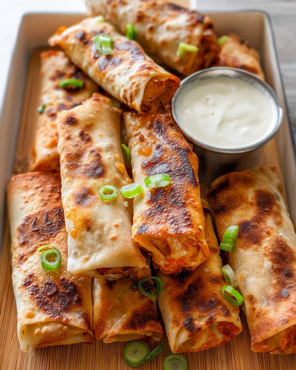 Amazing Crispy Buffalo Chicken Egg Rolls 5 A platter of golden brown, crispy buffalo chicken egg rolls, garnished with green onions, served with a side of creamy dipping sauce.