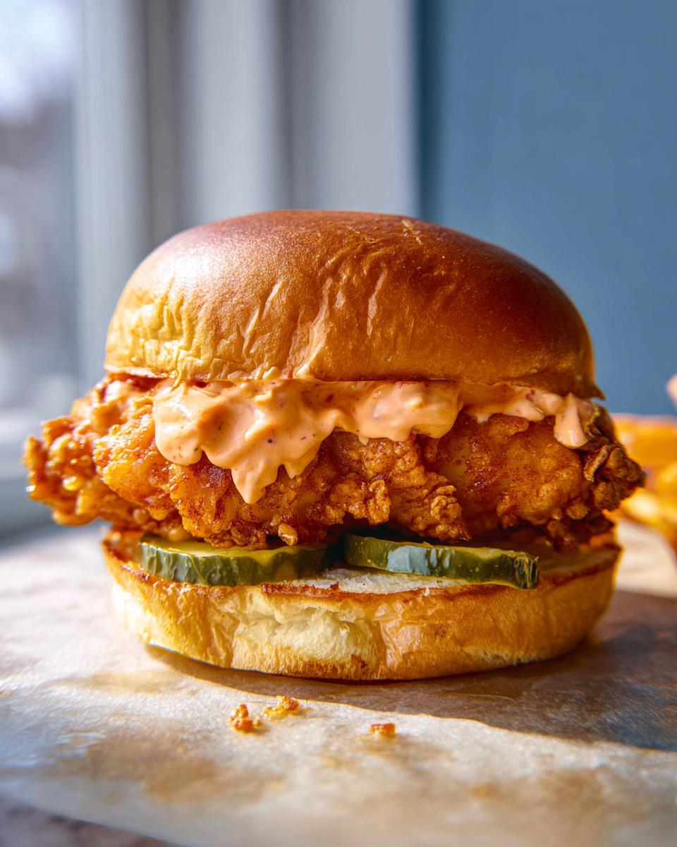 Amazing Crispy Chicken Sandwich with Spicy Mayo 4 A delicious Crispy Chicken Sandwich with Spicy Mayo, pickles, and a brioche bun, presented up close.