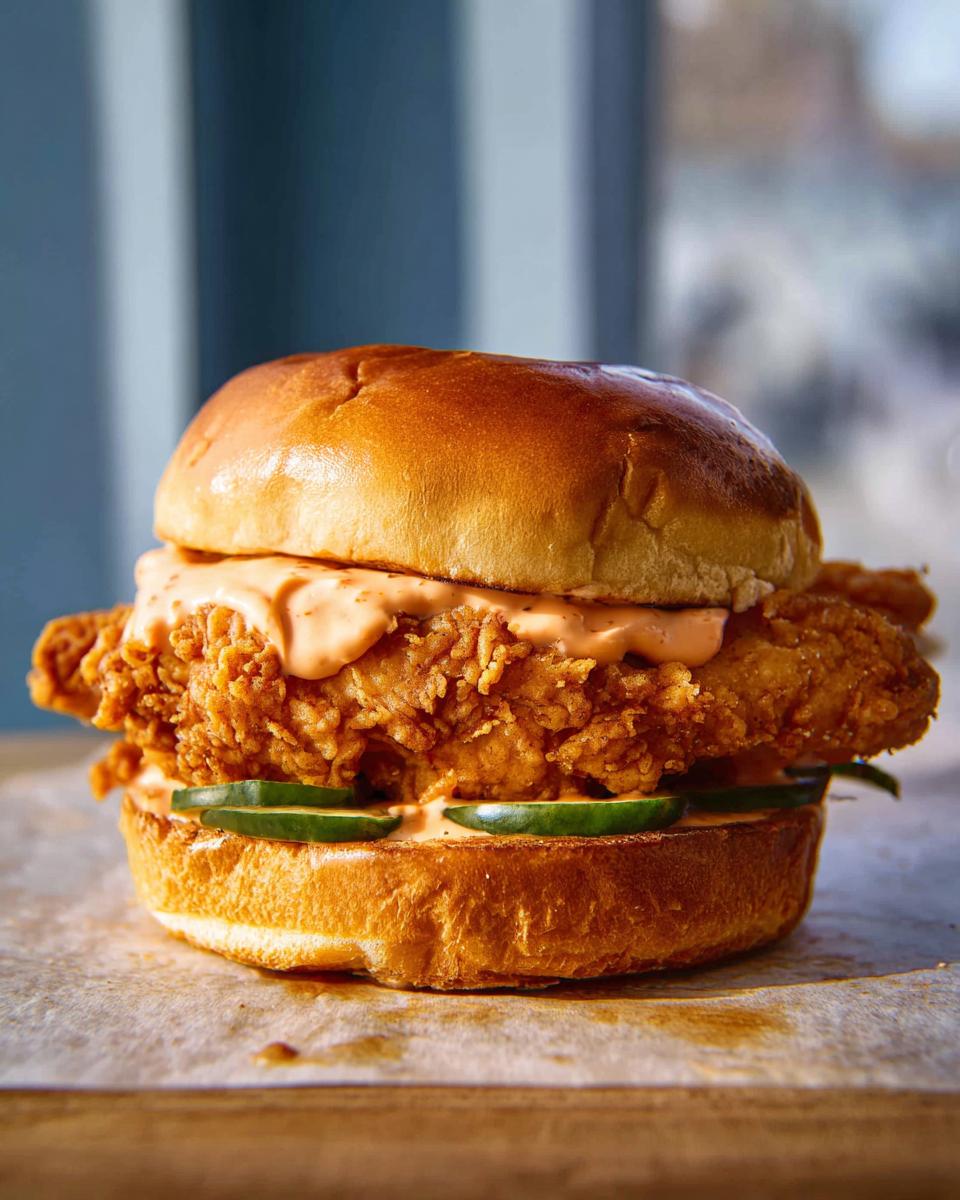 Amazing Crispy Chicken Sandwich with Spicy Mayo 5 A delicious Crispy Chicken Sandwich with Spicy Mayo, featuring a golden-brown bun, fried chicken, and fresh jalapeños.