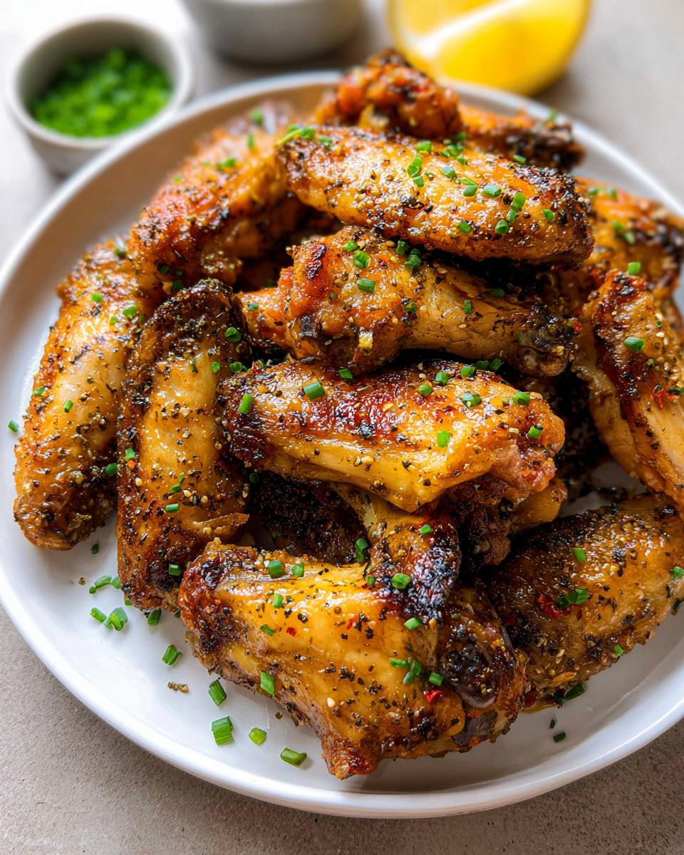 Amazing Crispy Lemon Pepper Chicken Wings 5 A close-up of a white platter piled high with golden-brown, crispy lemon pepper chicken wings, garnished with chopped chives.