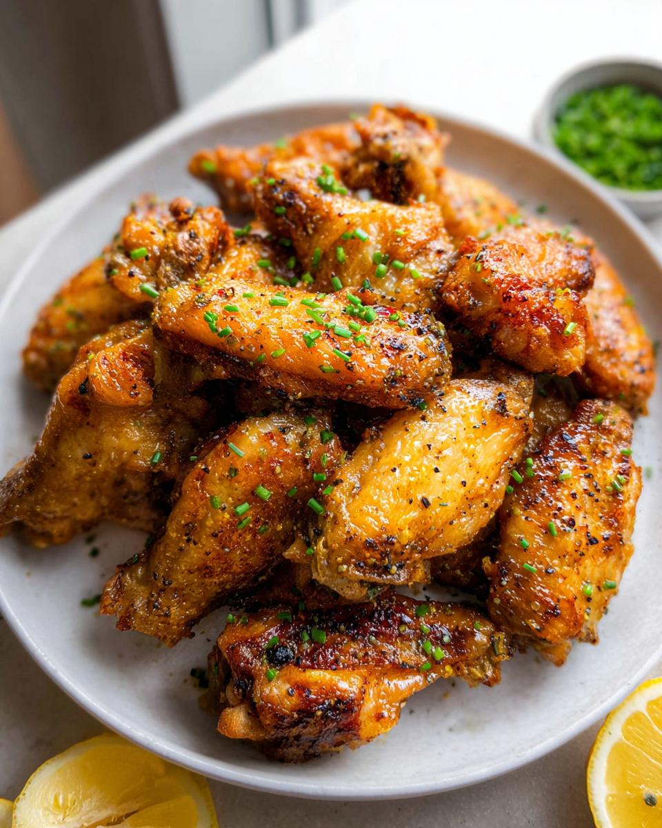 Amazing Crispy Lemon Pepper Chicken Wings 4 A close-up of a platter piled high with golden brown, crispy lemon pepper chicken wings, garnished with fresh chives.