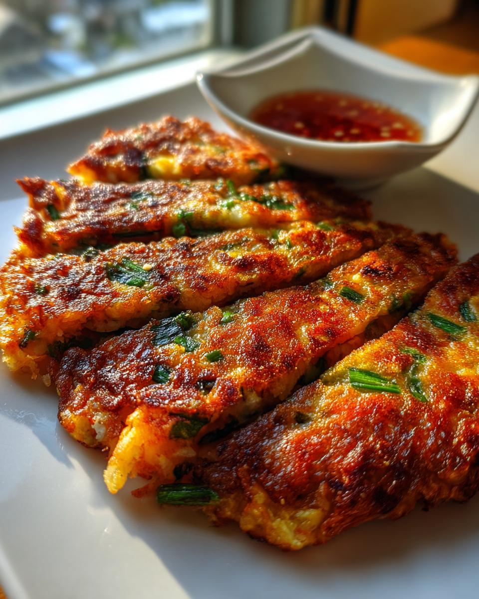 Amazing Crispy Padakjeon Korean Chicken Pancake 5 Close-up of golden-brown, crispy Padakjeon Korean Chicken Pancake slices served with a dipping sauce.