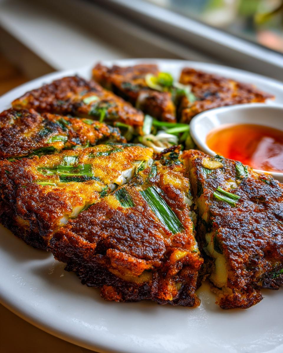 Amazing Crispy Padakjeon Korean Chicken Pancake 4 Close-up of crispy Padakjeon Korean Chicken Pancake slices served on a white plate with dipping sauce.