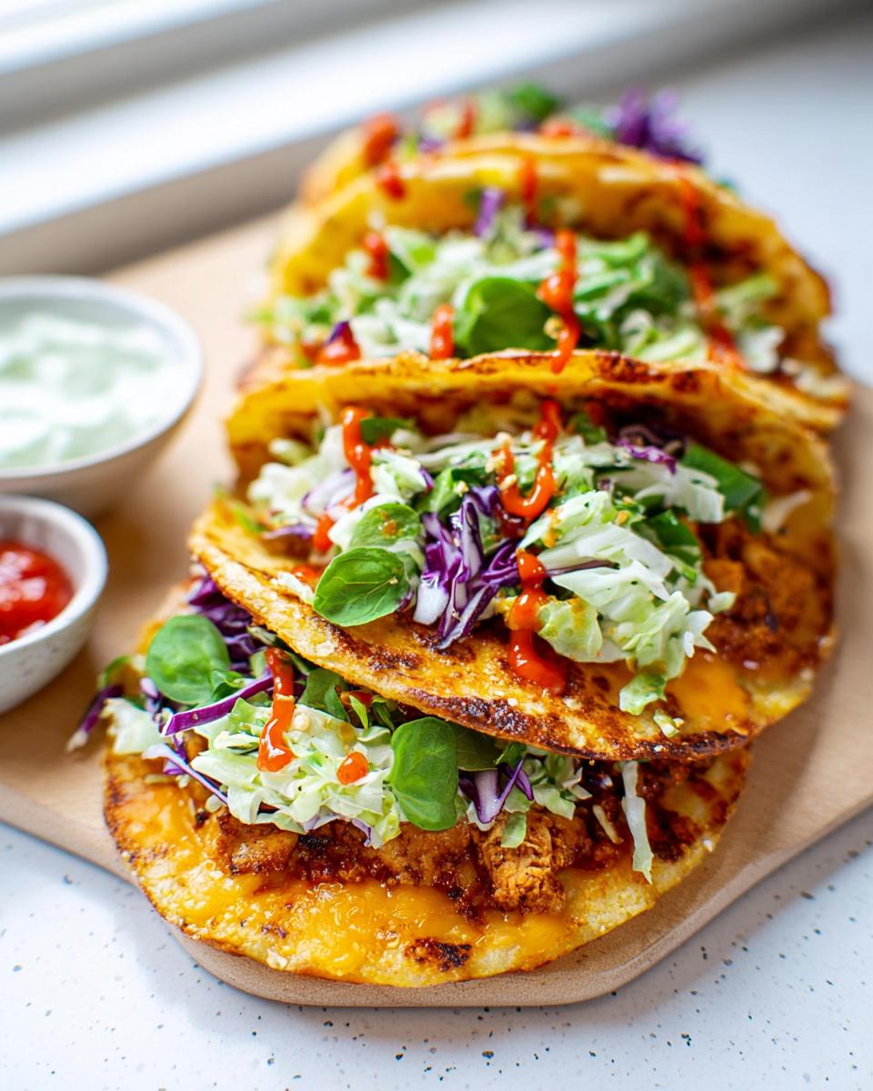 Amazing Crispy Smashed Chicken Tacos 4 A close-up of several Crispy Smashed Chicken Tacos filled with chicken, cheese, cabbage, and drizzled with hot sauce.