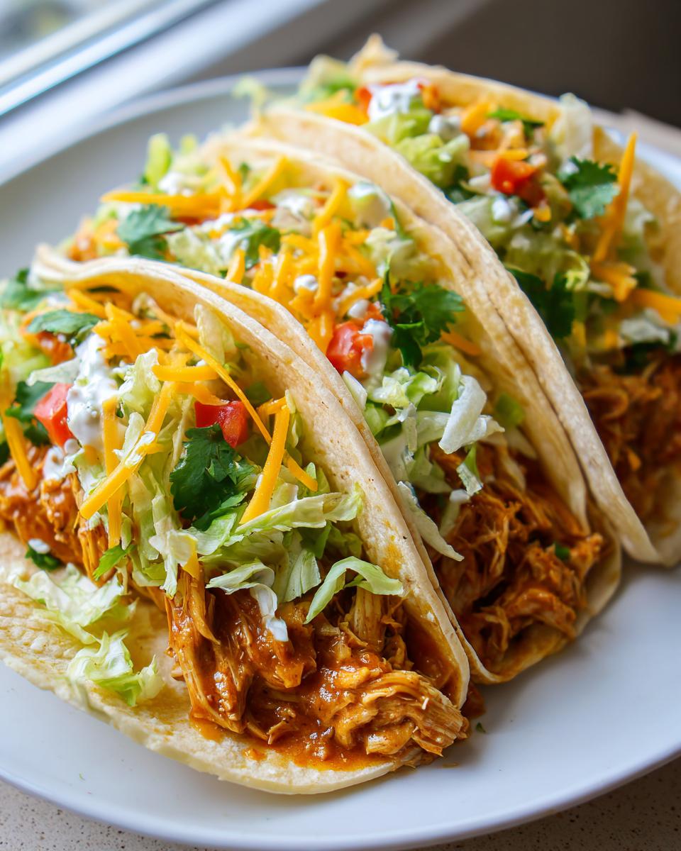 5 Amazing Crock Pot Chicken Tacos 4 Three delicious Crock Pot Chicken Tacos filled with shredded chicken, lettuce, cheese, tomatoes, and creamy salsa ranch.