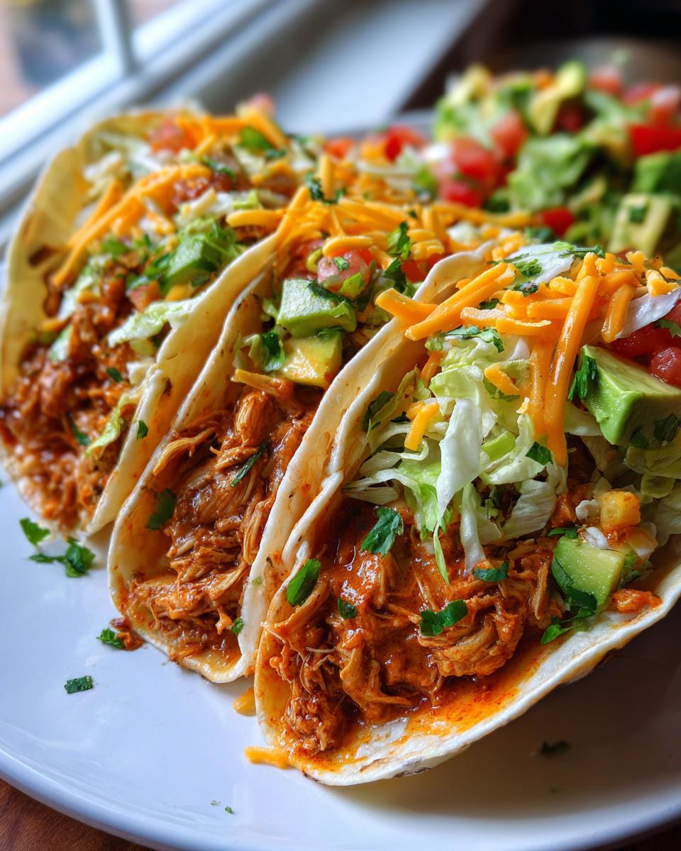 5 Amazing Crock Pot Chicken Tacos 5 Three Crock Pot Chicken Tacos filled with shredded chicken, lettuce, avocado, cheese, and cilantro.