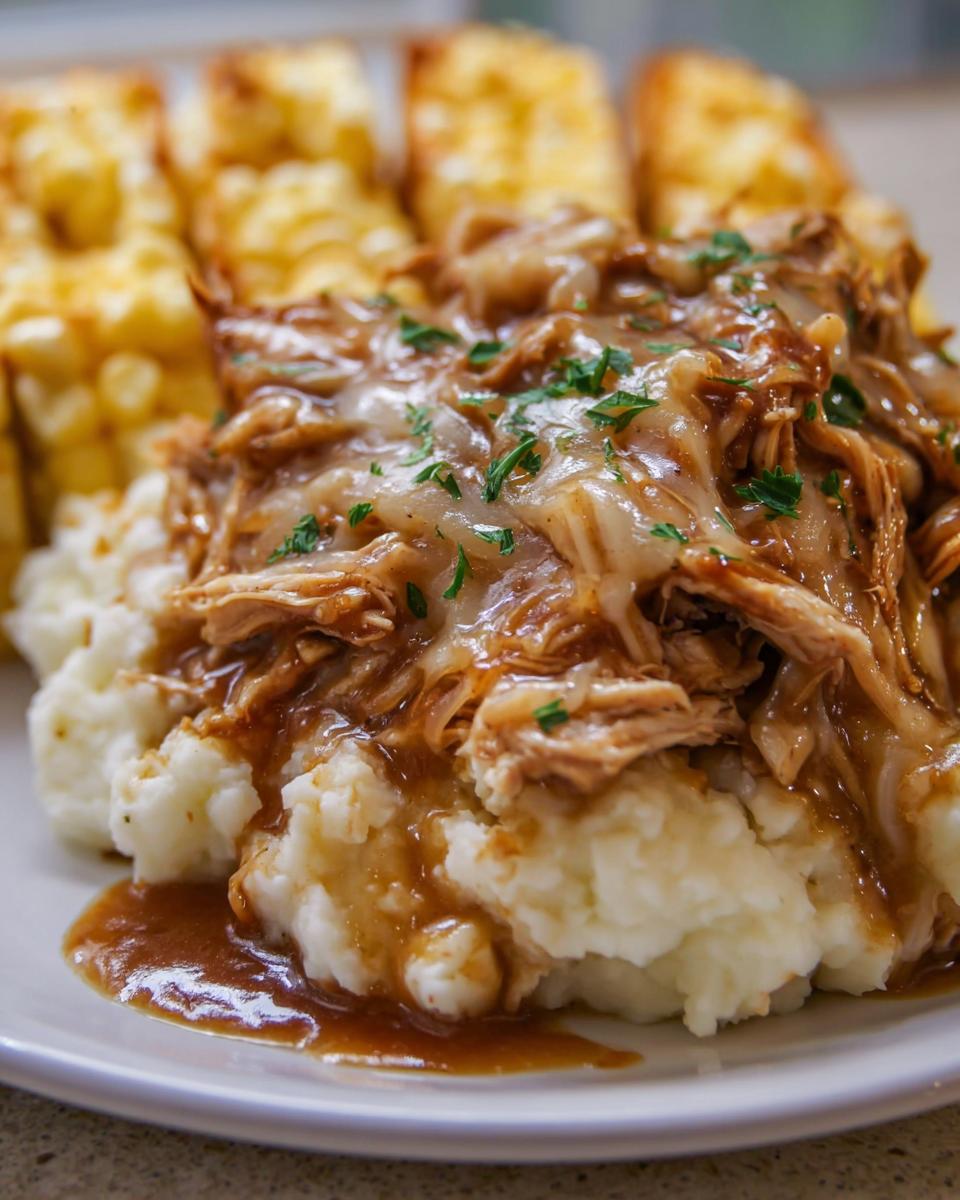 Amazing Crockpot Chicken and Gravy Recipe 5 A close-up of Crockpot Chicken and Gravy over mashed potatoes, topped with melted cheese and parsley.
