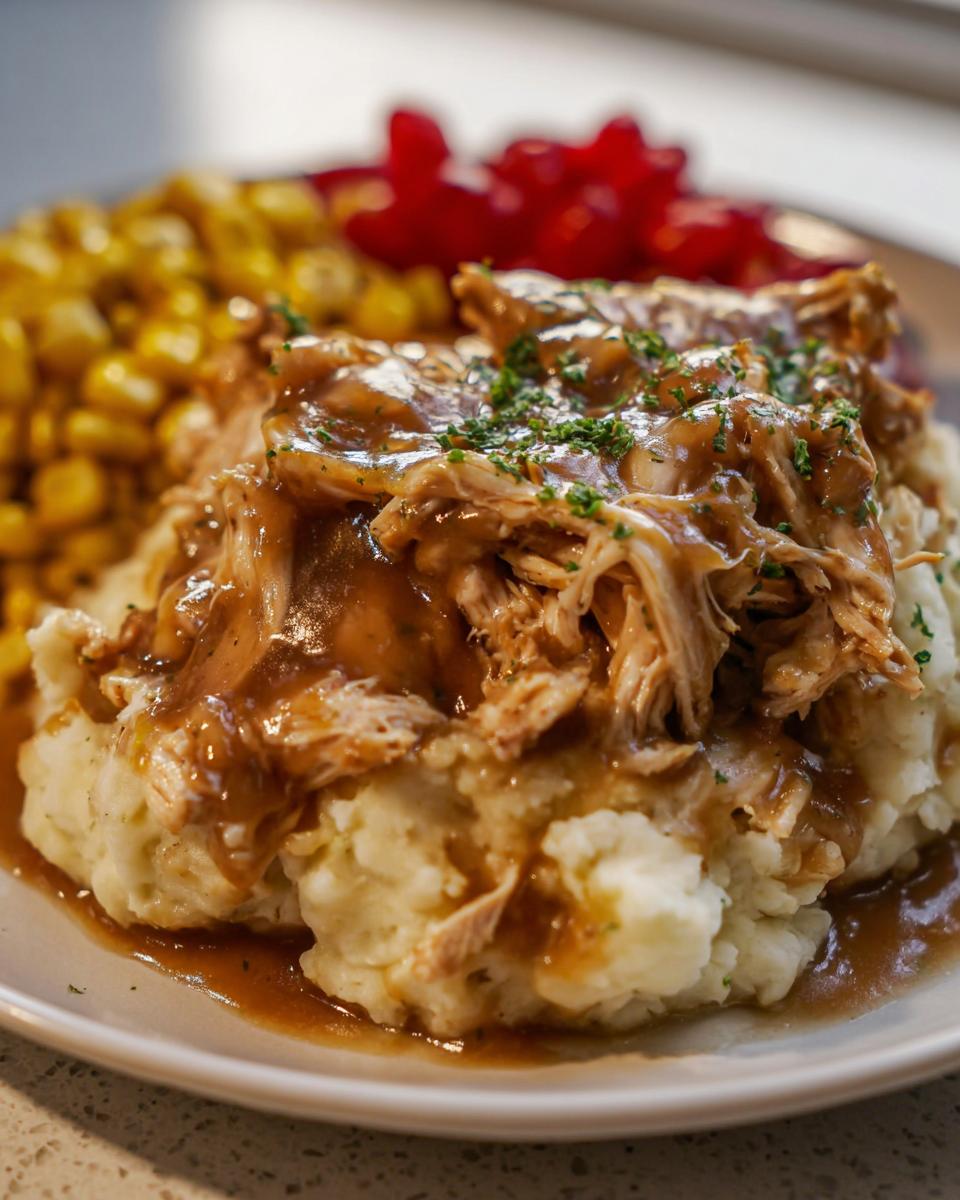 Amazing Crockpot Chicken and Gravy Recipe 4 A plate of Crockpot Chicken and Gravy over Mashed Potatoes, served with corn and cranberries.