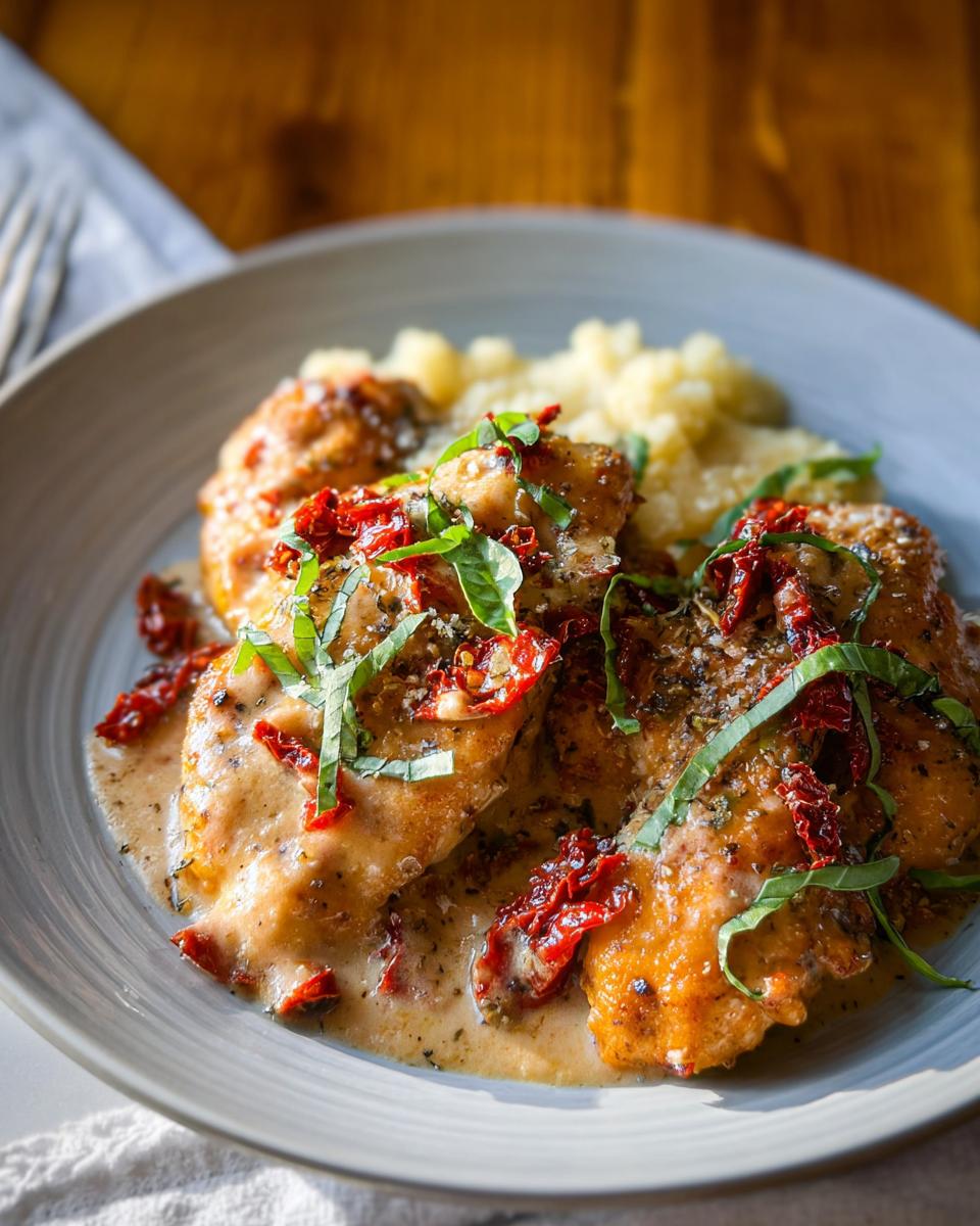 Crockpot Marry Me Chicken: 1 Amazing Dinner 4 Close-up of Crockpot Marry Me Chicken in creamy Parmesan sauce, topped with sun-dried tomatoes and fresh basil.