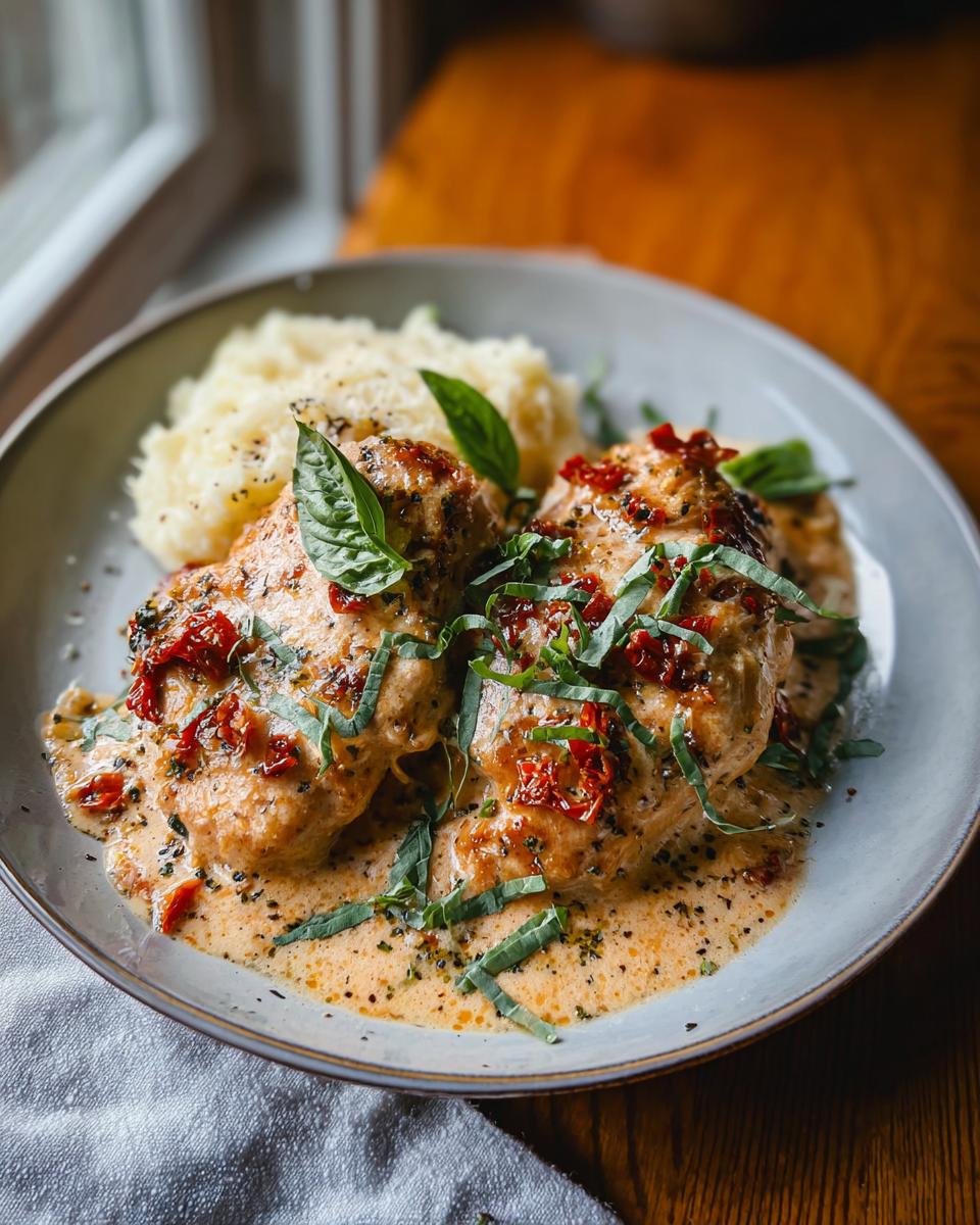 Crockpot Marry Me Chicken: 1 Amazing Dinner 5 Close-up of Crockpot Marry Me Chicken served with mashed potatoes and a creamy parmesan sauce, garnished with basil and sun-dried tomatoes.