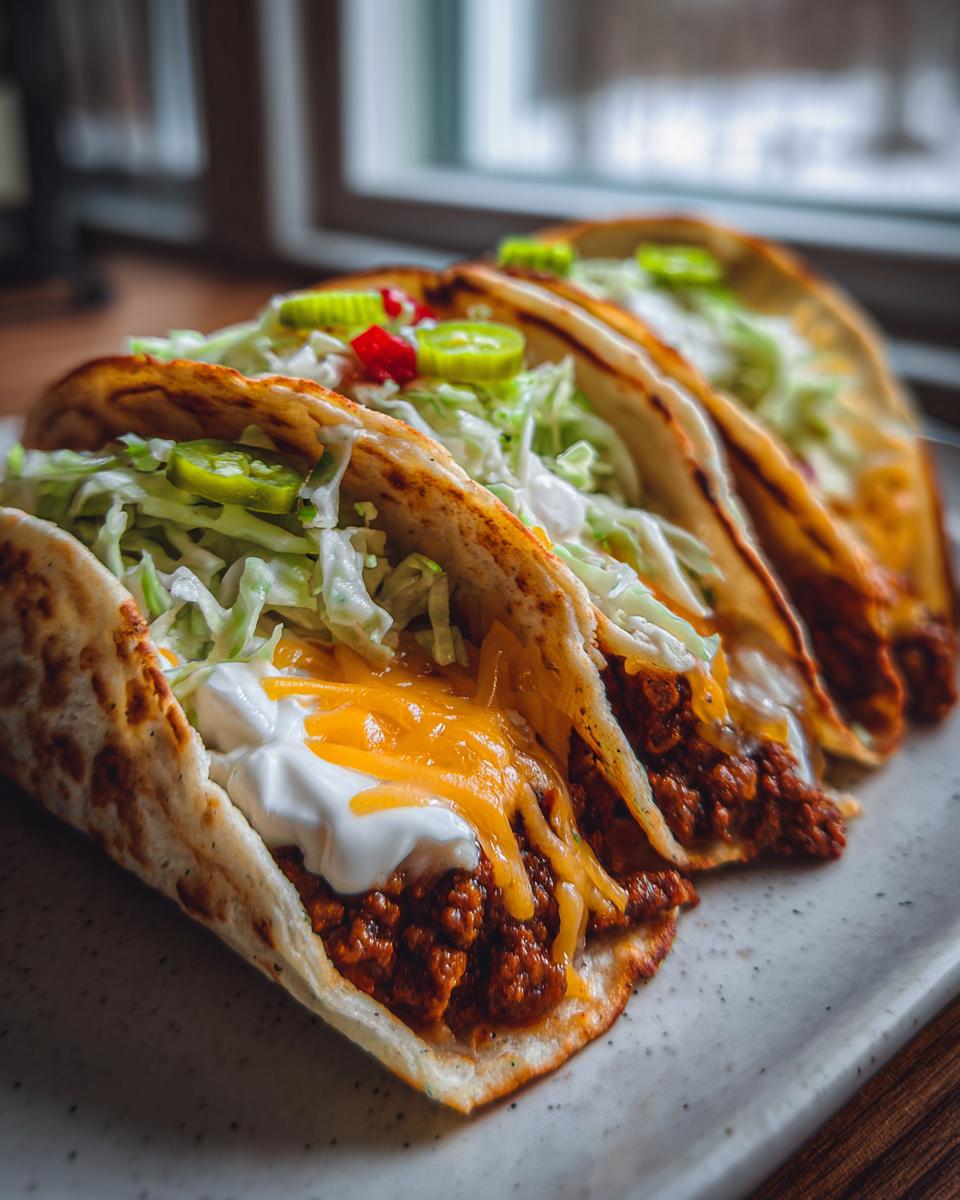 Bold Dill Pickle Ranch Smash Chicken Tacos 5 Three Dill Pickle Ranch Smash Chicken Tacos filled with seasoned ground chicken, shredded lettuce, cheese, sour cream, and jalapeños.