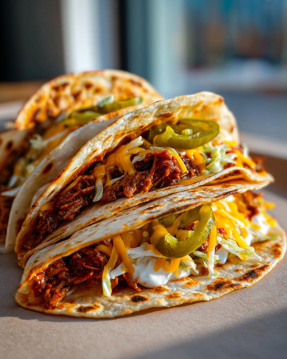 Bold Dill Pickle Ranch Smash Chicken Tacos 4 Three Dill Pickle Ranch Smash Chicken Tacos filled with shredded chicken, cheese, shredded lettuce, and jalapeños.