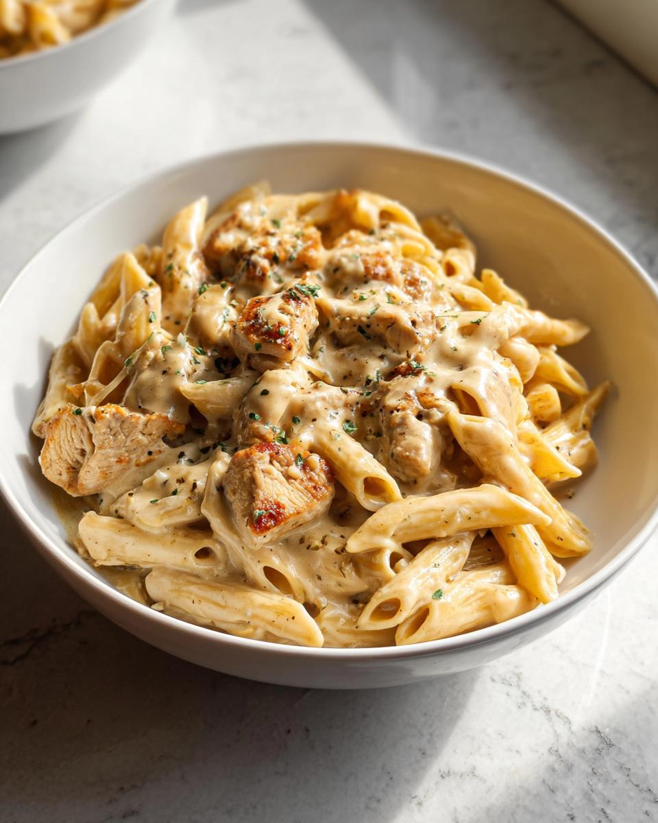Amazing Easy Garlic Chicken Pasta in 30 Minutes 4 A bowl of creamy Easy Garlic Chicken Pasta in 30 Minutes, featuring penne pasta and tender chicken pieces in a rich sauce.