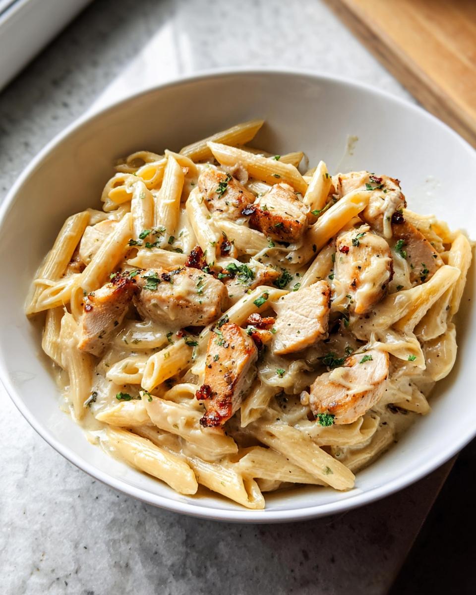 Amazing Easy Garlic Chicken Pasta in 30 Minutes 5 A bowl of Easy Garlic Chicken Pasta with penne noodles, creamy sauce, and grilled chicken pieces, garnished with parsley.