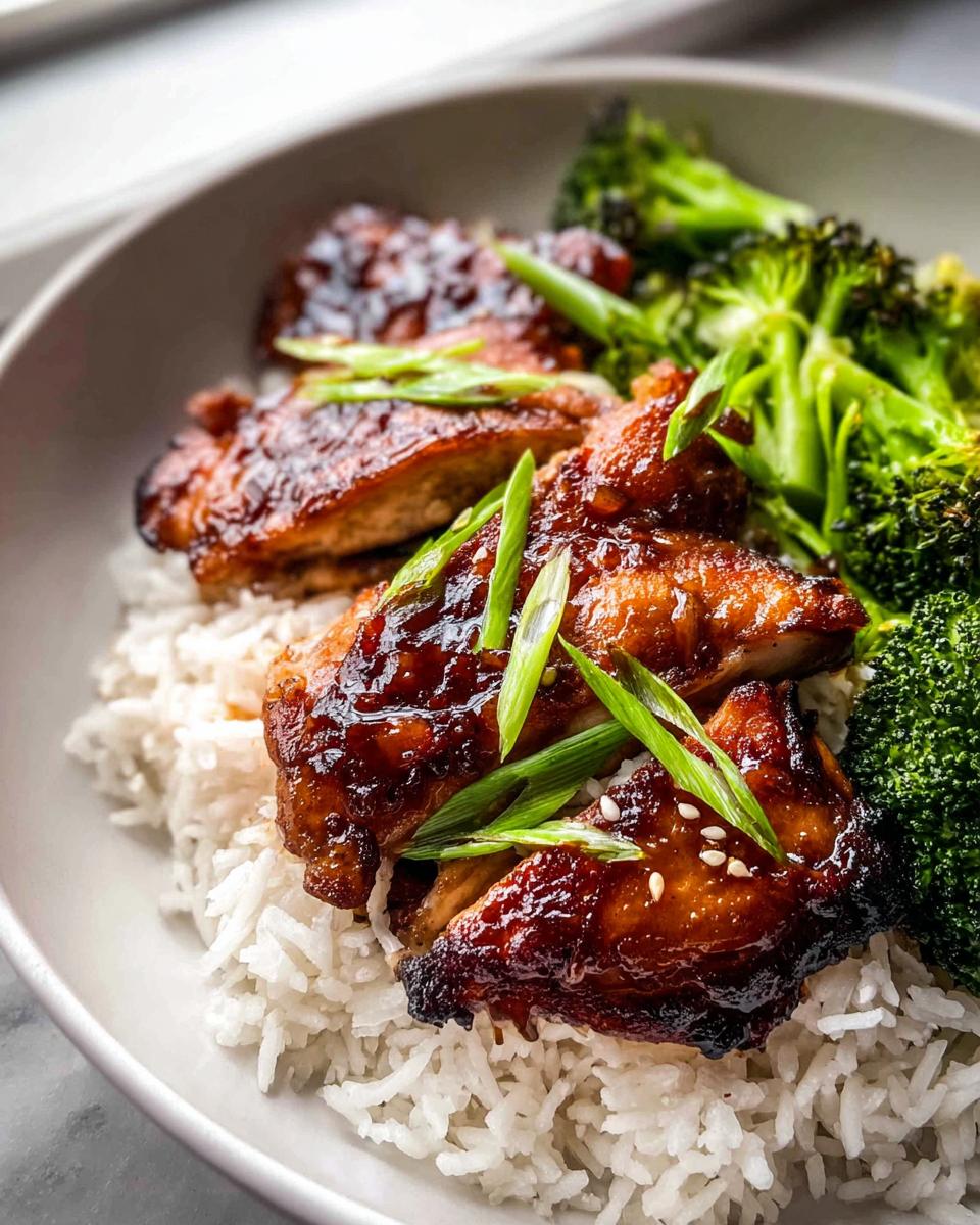 Amazing Easy Teriyaki Chicken Skillet Recipe 5 Close-up of a bowl with fluffy white rice topped with glazed teriyaki chicken pieces and steamed broccoli florets, garnished with green onions.