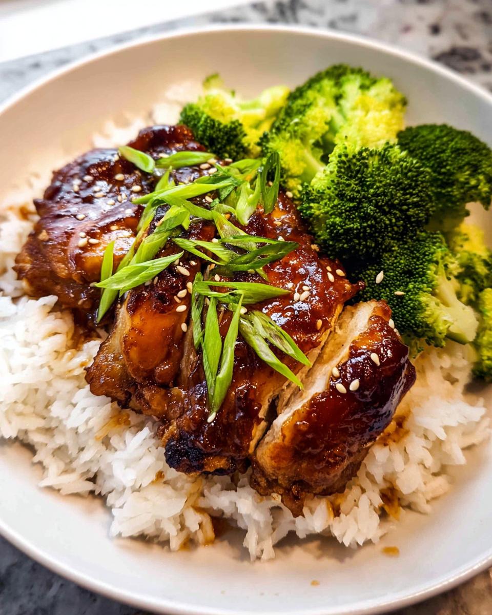 Amazing Easy Teriyaki Chicken Skillet Recipe 4 A close-up of a bowl featuring an Easy Teriyaki Chicken Skillet Recipe with tender chicken pieces, white rice, and steamed broccoli.