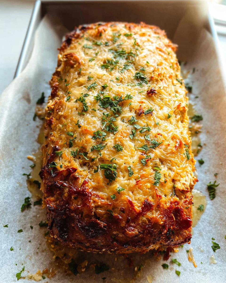 Amazing Garlic Parmesan Chicken Meatloaf Recipe 4 A golden-brown Garlic Parmesan Chicken Meatloaf, topped with melted cheese and fresh parsley, in a baking pan.