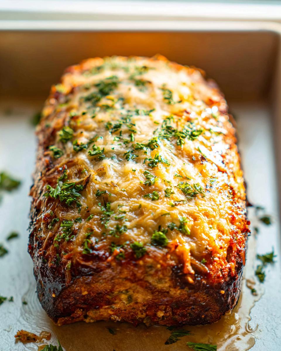 Amazing Garlic Parmesan Chicken Meatloaf Recipe 5 A golden brown Garlic Parmesan Chicken Meatloaf topped with melted cheese and fresh parsley, baked in a pan.