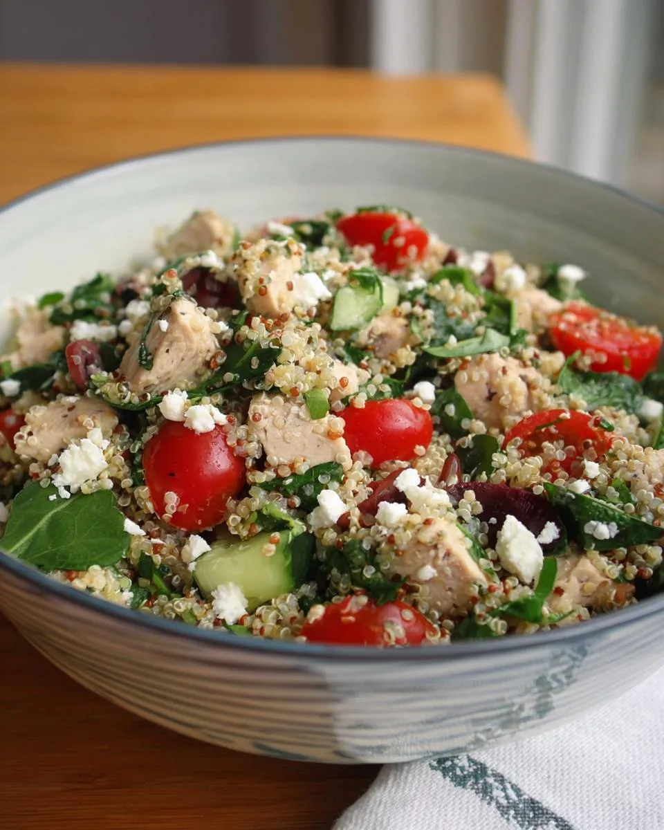 Greek Chicken Quinoa Salad: 7-Day Meal Prep 4 A close-up of a bowl filled with Greek Chicken Quinoa Salad, featuring chicken, quinoa, tomatoes, cucumber, and feta.