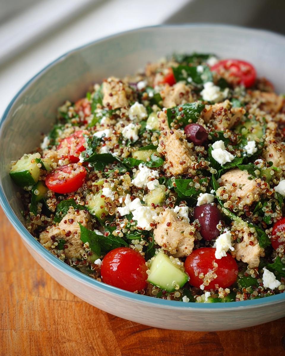 Greek Chicken Quinoa Salad: 7-Day Meal Prep 5 A close-up of a bowl filled with Greek Chicken Quinoa Salad, featuring quinoa, chicken, tomatoes, cucumber, feta, and olives.