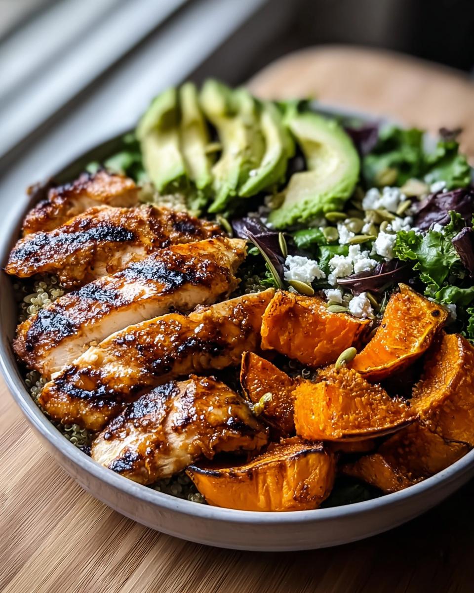 Amazing 1-Pan Grilled Chicken & Sweet Potato Bowl 5 A close-up of a Grilled Chicken and Sweet Potato Bowl with sliced avocado, feta cheese, and pumpkin seeds.
