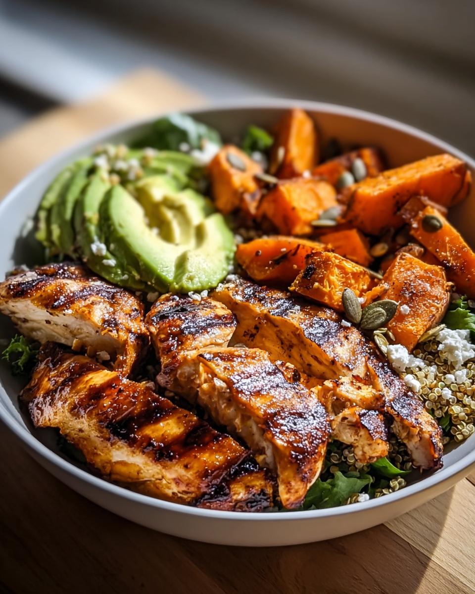 Amazing 1-Pan Grilled Chicken & Sweet Potato Bowl 4 A delicious Grilled Chicken and Sweet Potato Bowl featuring sliced grilled chicken, roasted sweet potatoes, avocado, and quinoa.